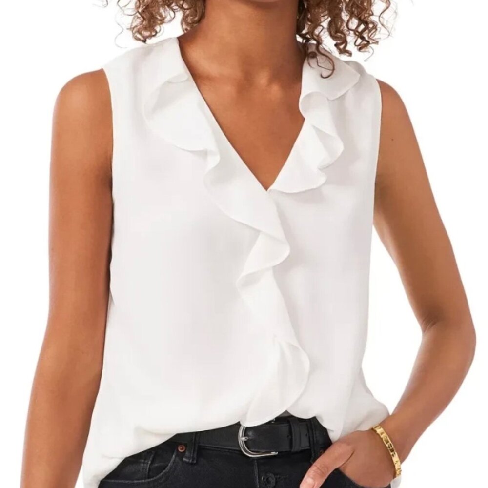 VINCE CAMUTO White Sleeveless Ruffled Top L